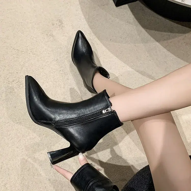 Black Winter Zipper Warm Plush Ankle Boots Women 8.5cm Square Heel Zip Lady Footwear Shoes Super Big Size