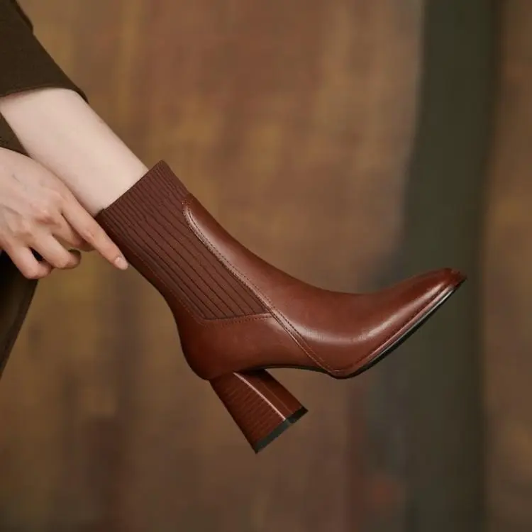 Fashiong French Retro Square Toe Women Shoes High Heeled Knitted Short Boots Temperament Thick Heeled Socks Boots 2025