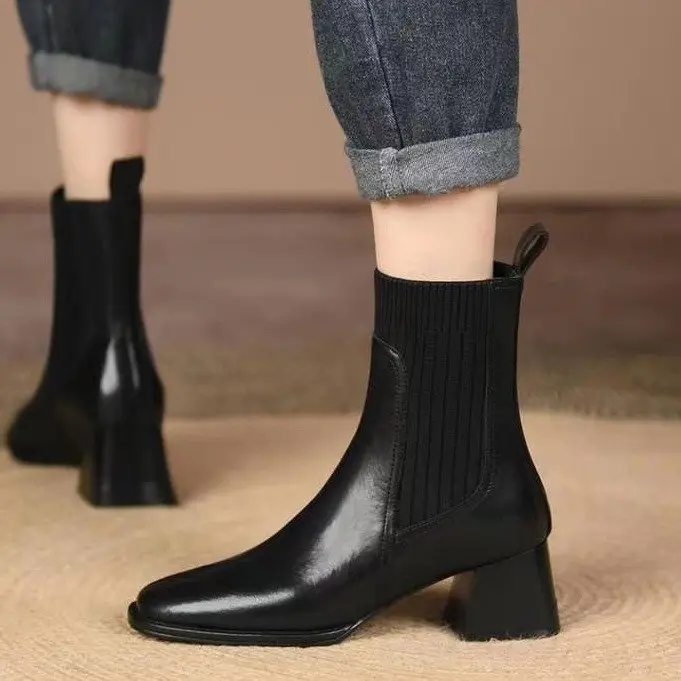Fashiong French Retro Square Toe Women Shoes High Heeled Knitted Short Boots Temperament Thick Heeled Socks Boots 2025