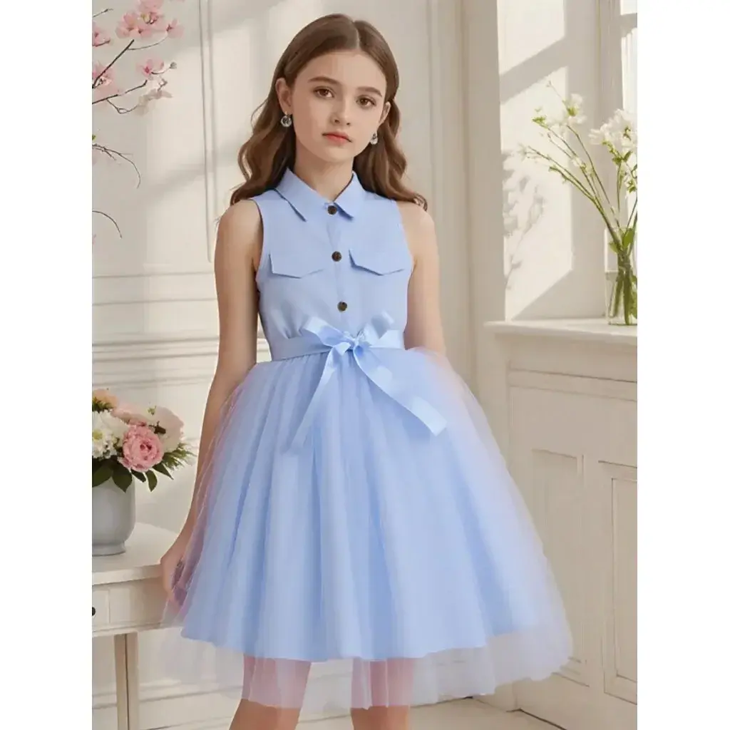 Teen Girl Pink Dress Summer Sleeveless Fashion Mesh Children Dresses Casual Vacation Elegant Princess Dress  7 8 9 10 11 12 Yrs