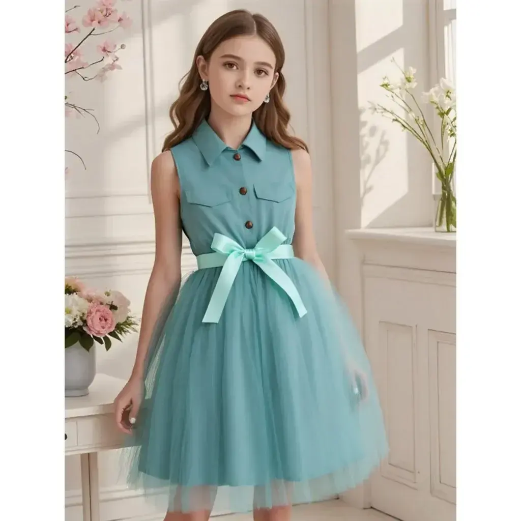Teen Girl Pink Dress Summer Sleeveless Fashion Mesh Children Dresses Casual Vacation Elegant Princess Dress  7 8 9 10 11 12 Yrs
