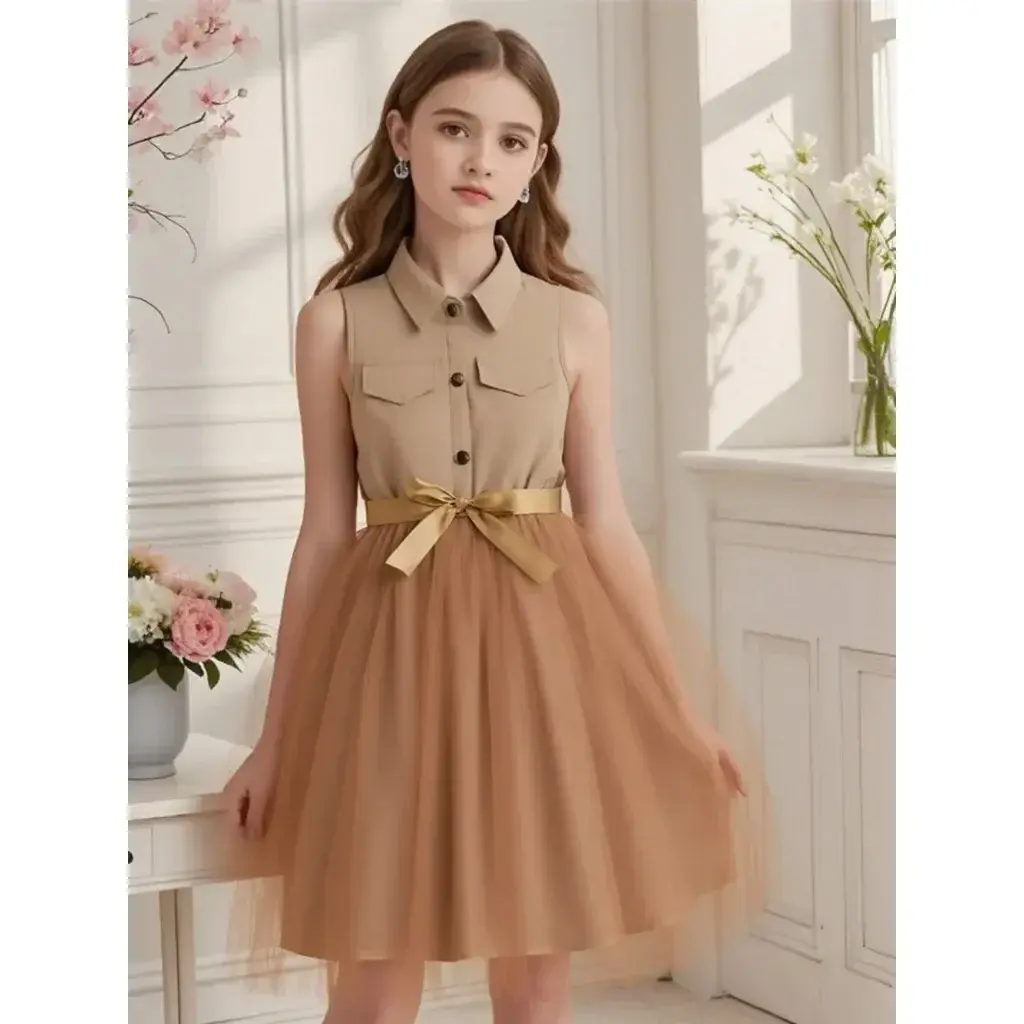 Teen Girl Pink Dress Summer Sleeveless Fashion Mesh Children Dresses Casual Vacation Elegant Princess Dress  7 8 9 10 11 12 Yrs