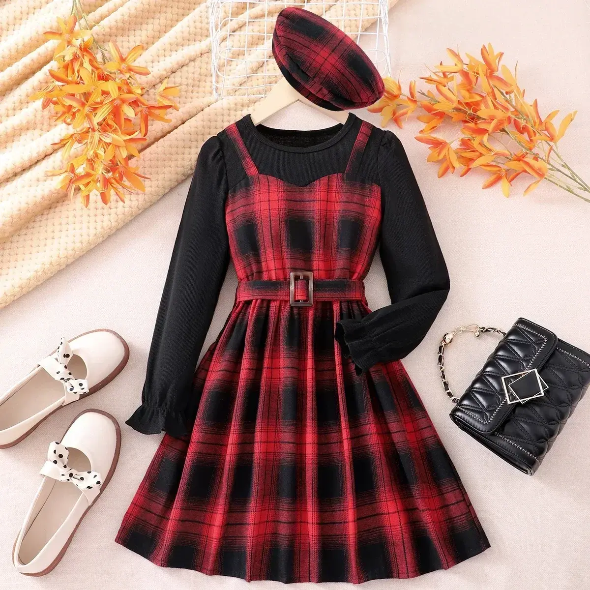 Girls' Dresses 2024 Winter Graceful Long Sleeve Soft Ventilate Children Dress Plaid Belt Timeless Big Girls Clothes 8-12 Years