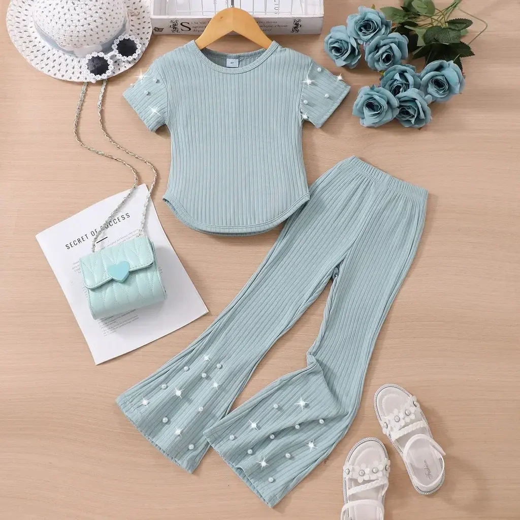 Apricot Kids Girl Outfit Summer Soft Toddler Costume Casual Vacation Short Sleeve Tshirt + Pants Children 2Pcs Set 3 4 5 6 7 Yrs