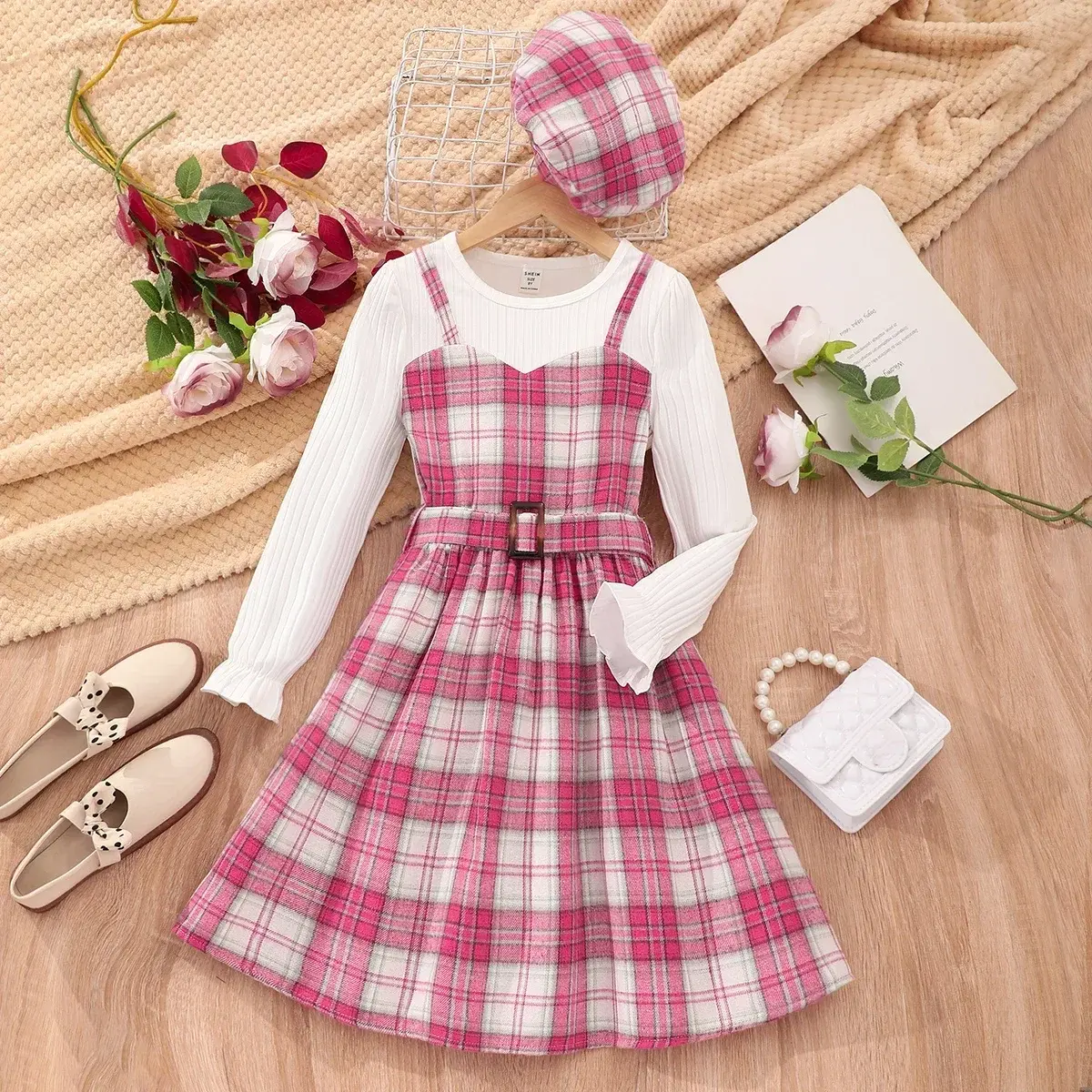 Girls' Dresses 2024 Winter Graceful Long Sleeve Soft Ventilate Children Dress Plaid Belt Timeless Big Girls Clothes 8-12 Years