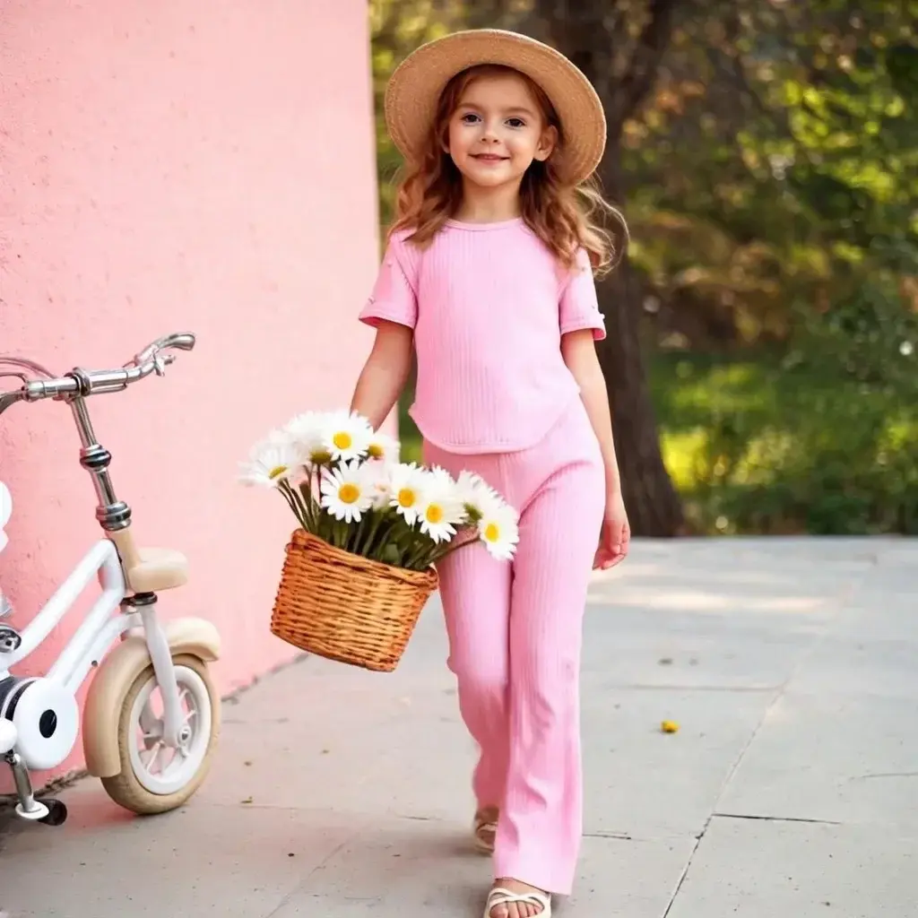 Apricot Kids Girl Outfit Summer Soft Toddler Costume Casual Vacation Short Sleeve Tshirt + Pants Children 2Pcs Set 3 4 5 6 7 Yrs