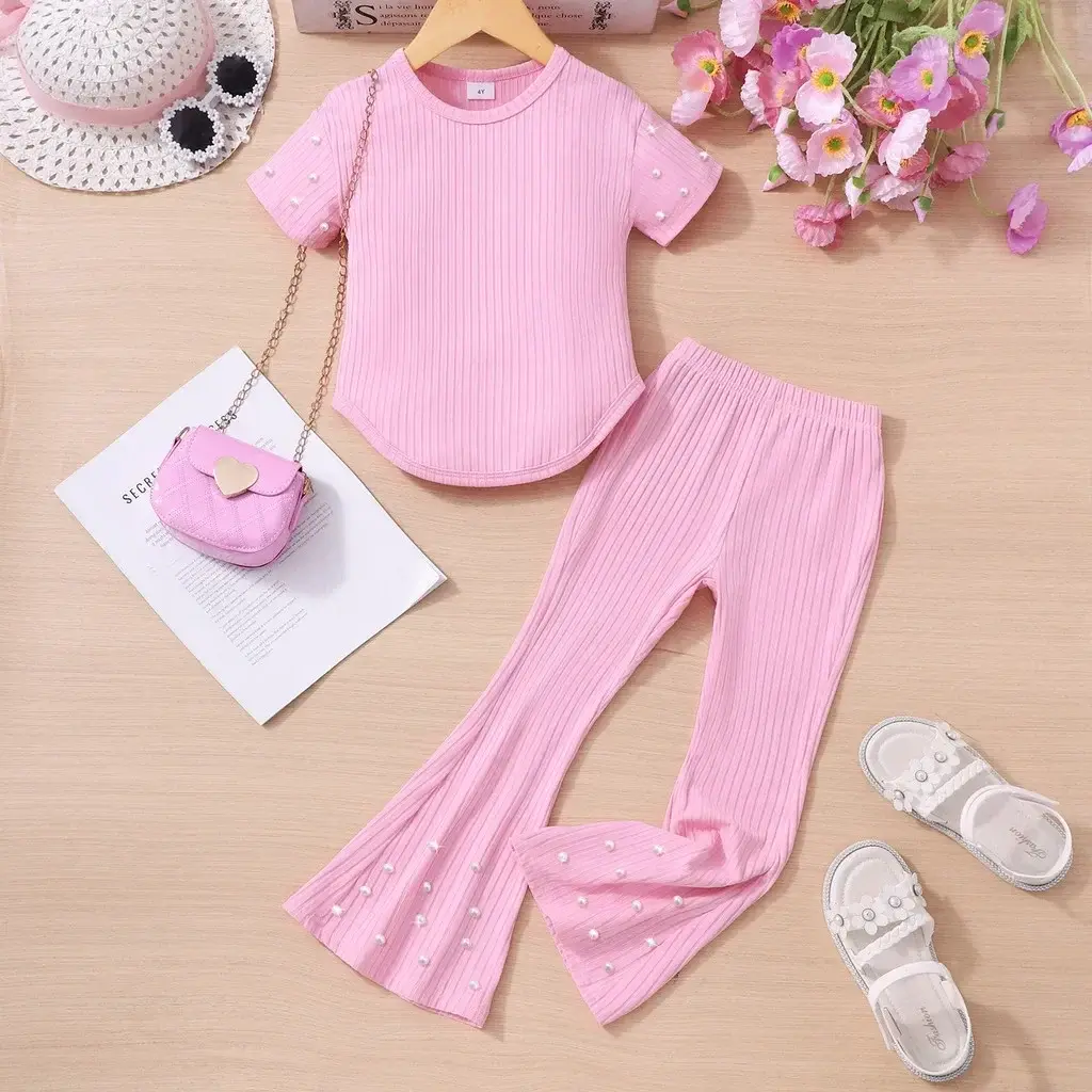 Apricot Kids Girl Outfit Summer Soft Toddler Costume Casual Vacation Short Sleeve Tshirt + Pants Children 2Pcs Set 3 4 5 6 7 Yrs