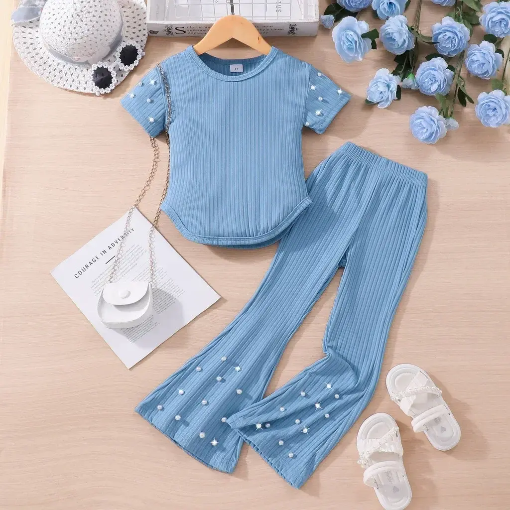 Apricot Kids Girl Outfit Summer Soft Toddler Costume Casual Vacation Short Sleeve Tshirt + Pants Children 2Pcs Set 3 4 5 6 7 Yrs