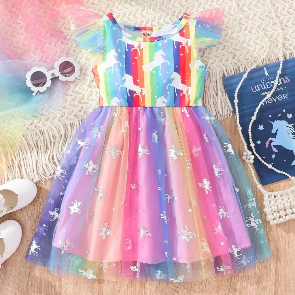 Girl Dresses 2024 Baby Mesh Rainbow Summer Short Sleeve Princess Dress for 1 2 3 4 5 6 Years Old Kids