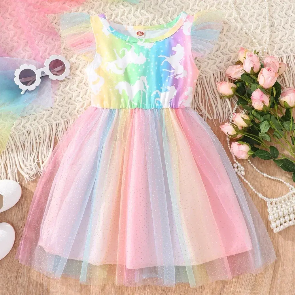 Girl Dresses 2024 Baby Mesh Rainbow Summer Short Sleeve Princess Dress for 1 2 3 4 5 6 Years Old Kids