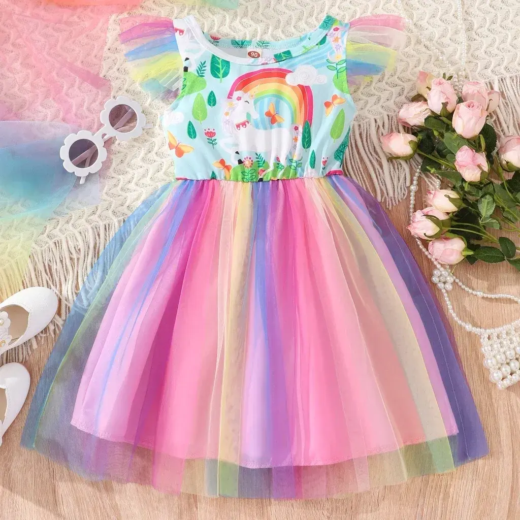Girl Dresses 2024 Baby Mesh Rainbow Summer Short Sleeve Princess Dress for 1 2 3 4 5 6 Years Old Kids