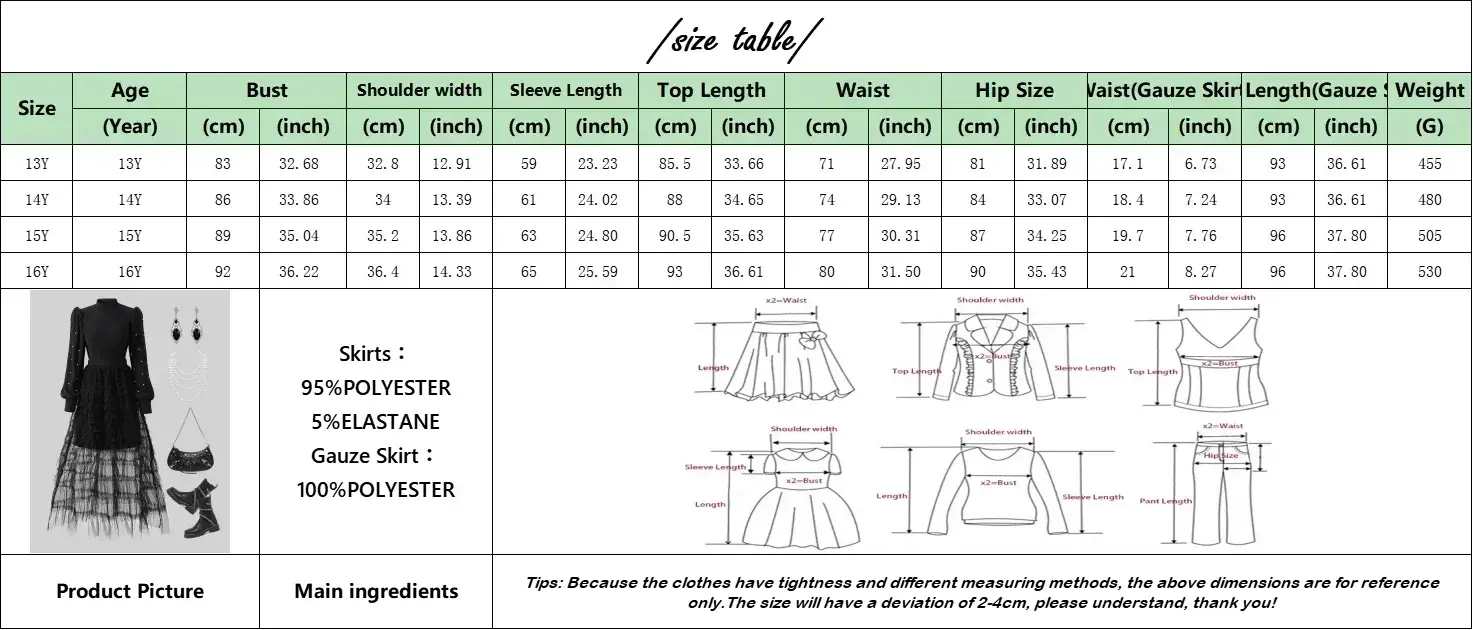 Black Teen Girl Outfit Children Clothes Autumn Young Girls Suit Long Sleeve Tee + Shirt 2Pcs Elegant Party Girl Set 12-16