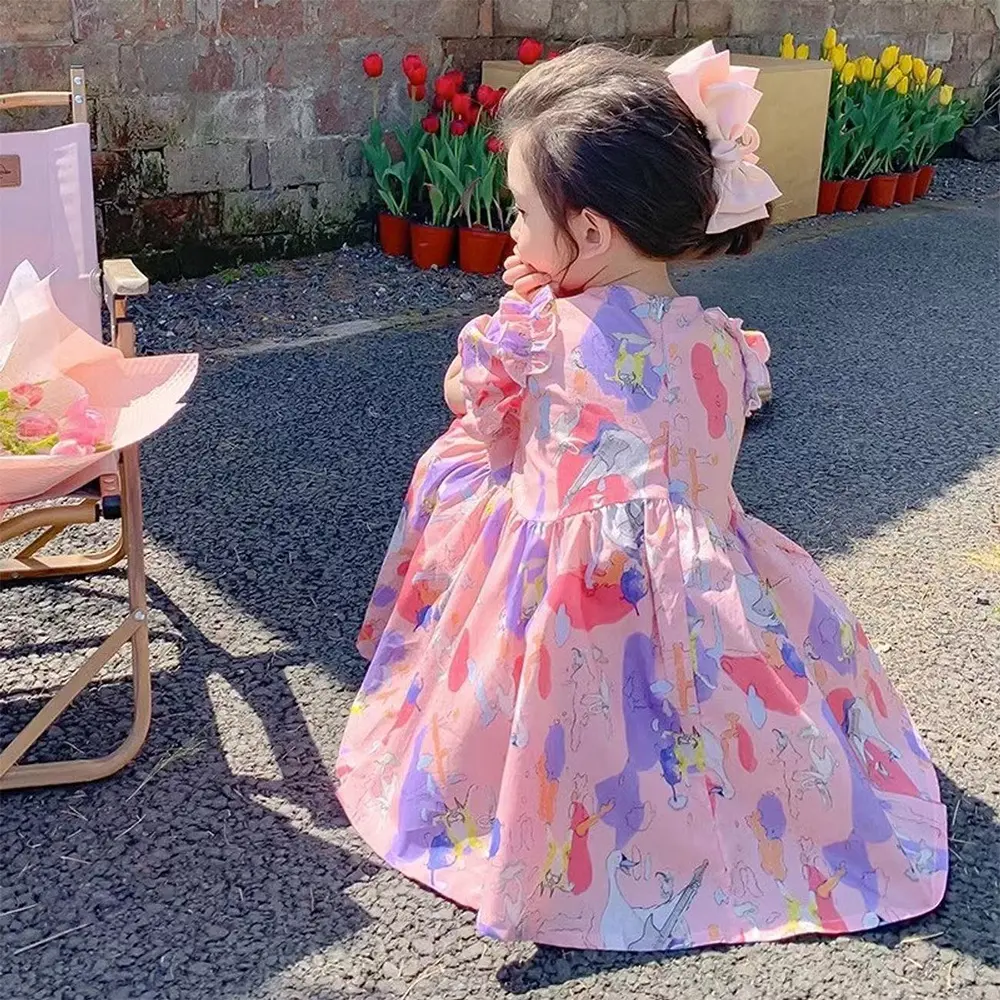 Bear Leader Girls Summer Pink Dress Cartoon Animal Print Bubble Sleeve Princess Dress 2-7 years old