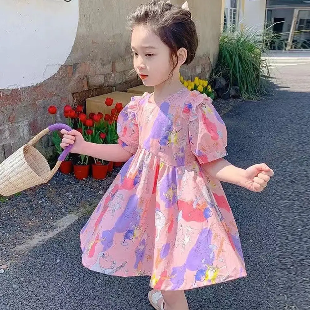 Bear Leader Girls Summer Pink Dress Cartoon Animal Print Bubble Sleeve Princess Dress 2-7 years old
