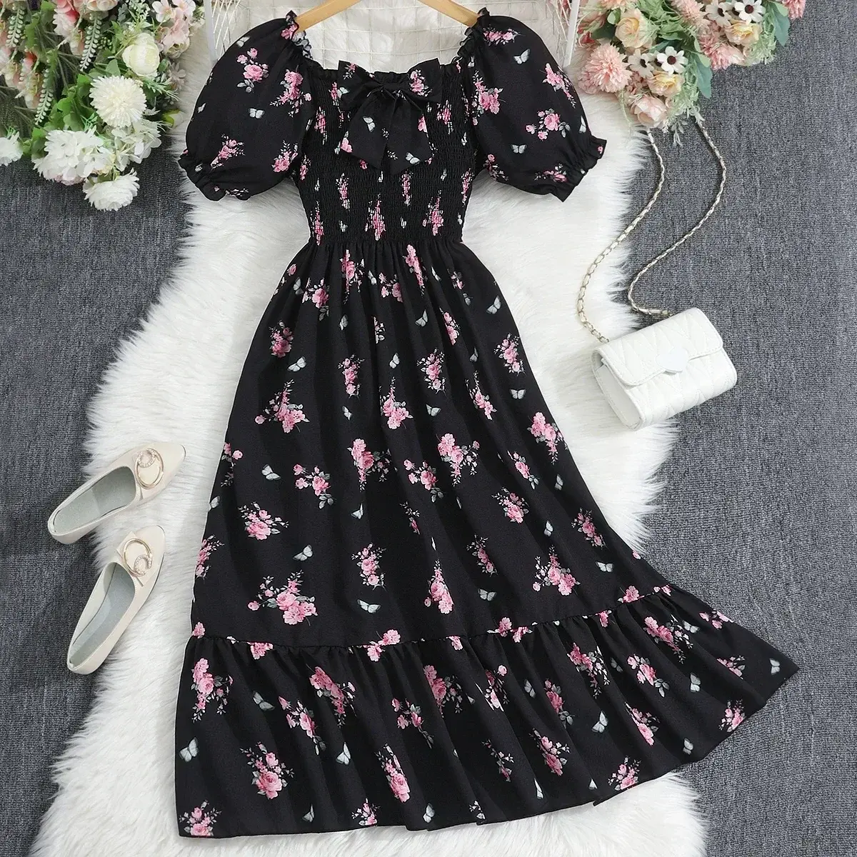 New Girl Clothes Summer Short Teen Dresses Elegant Kids Dress Big Floral Party Girls 13 14 15 16 Years Old Long Fashion