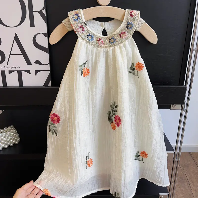 Bear Leader Sequin Floral Collar Princess Dress Summer Flower Embroidered Girls Clothes Round Neck Solid Color Kids Costume