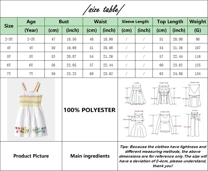 Children's Overalls Romper Girl Summer Toddler Bodysuit White Rainbow Jumpsuit and Monkeys for Children Colorful Floral Strap