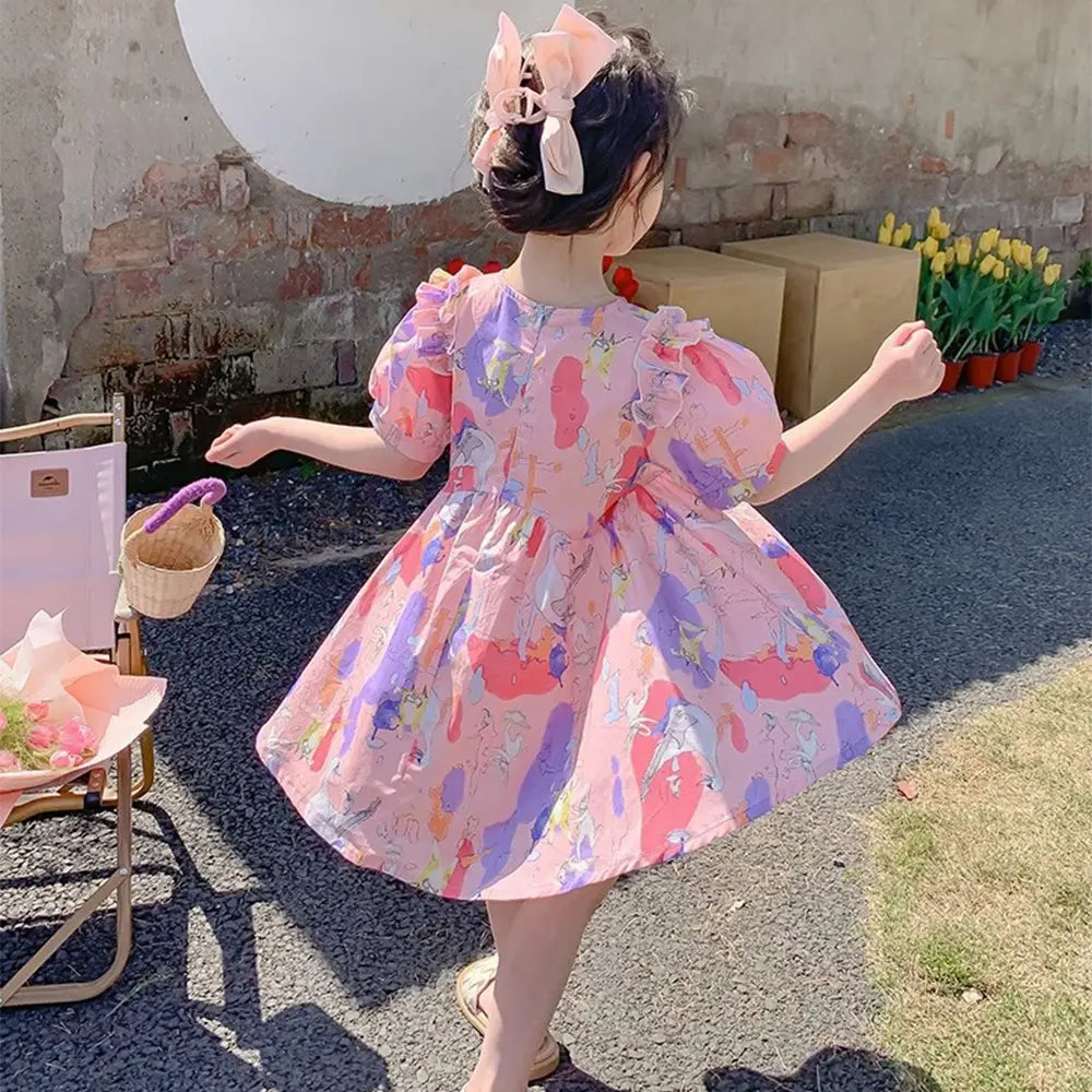 Bear Leader Girls Summer Pink Dress Cartoon Animal Print Bubble Sleeve Princess Dress 2-7 years old