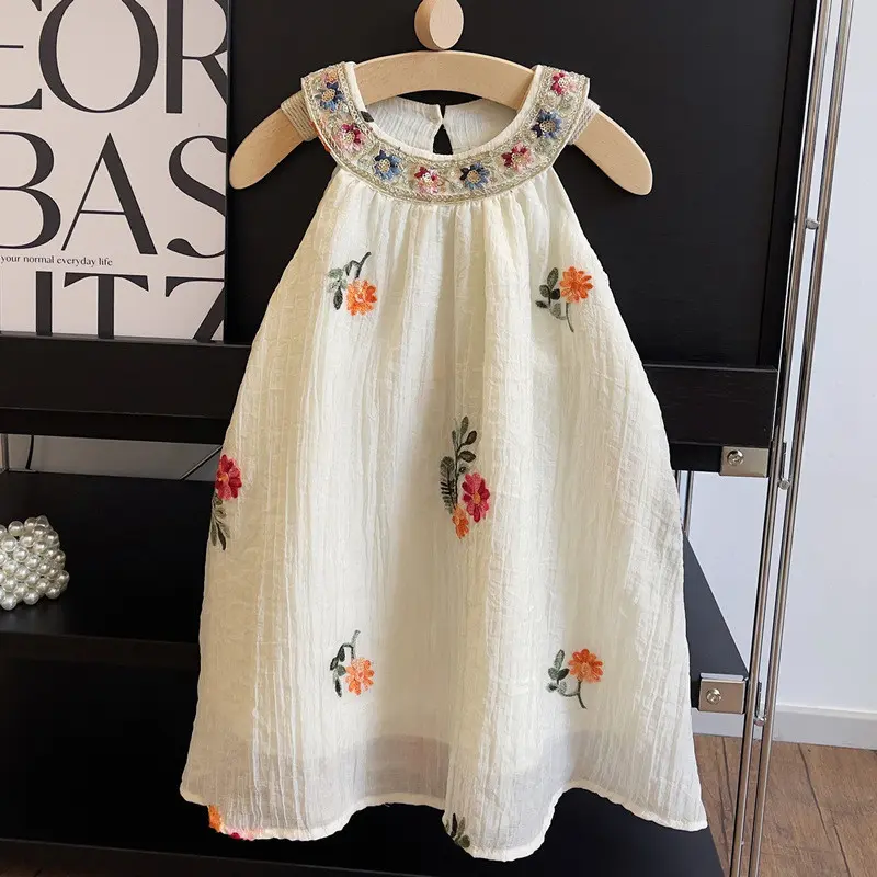 Bear Leader Sequin Floral Collar Princess Dress Summer Flower Embroidered Girls Clothes Round Neck Solid Color Kids Costume