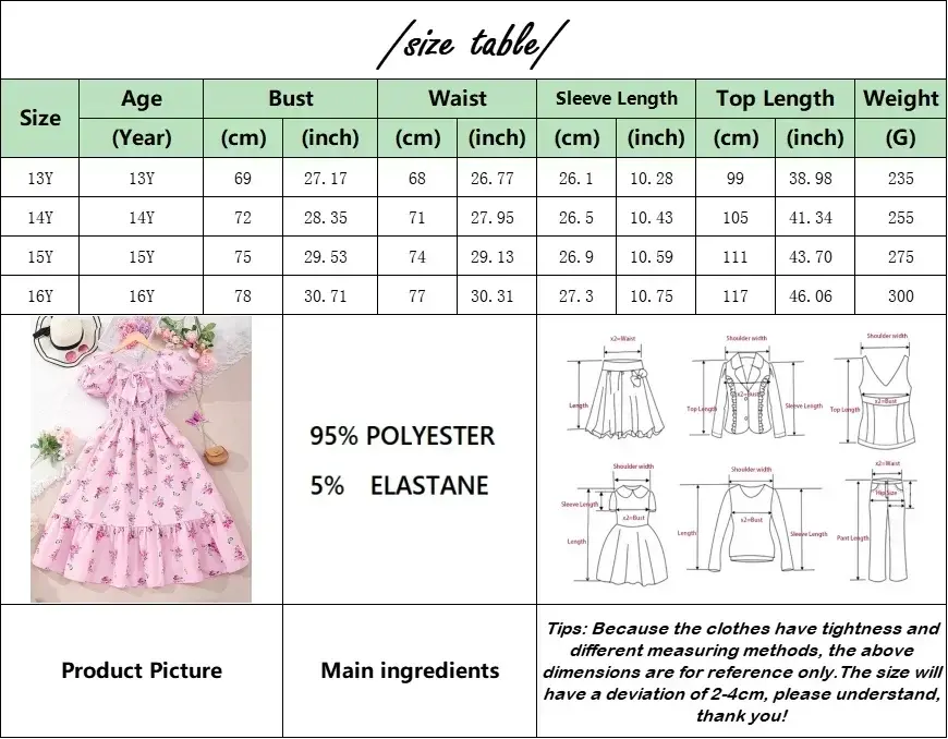 New Girl Clothes Summer Short Teen Dresses Elegant Kids Dress Big Floral Party Girls 13 14 15 16 Years Old Long Fashion