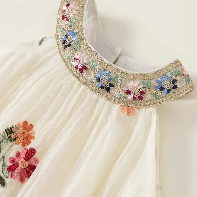 Bear Leader Sequin Floral Collar Princess Dress Summer Flower Embroidered Girls Clothes Round Neck Solid Color Kids Costume