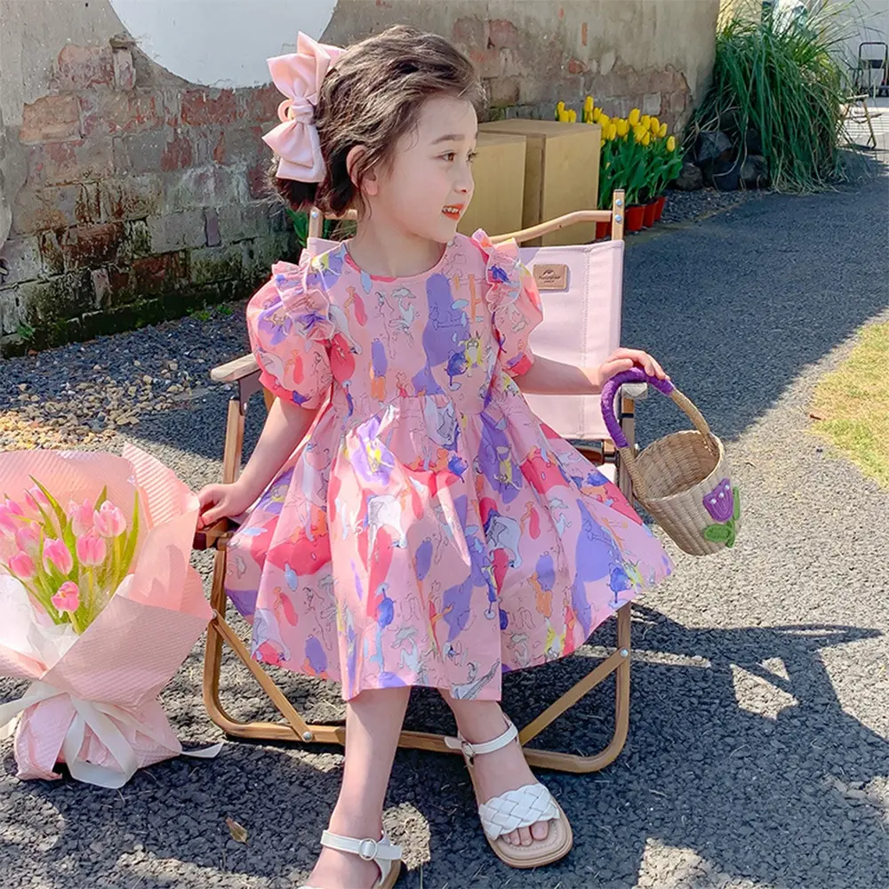 Bear Leader Girls Summer Pink Dress Cartoon Animal Print Bubble Sleeve Princess Dress 2-7 years old