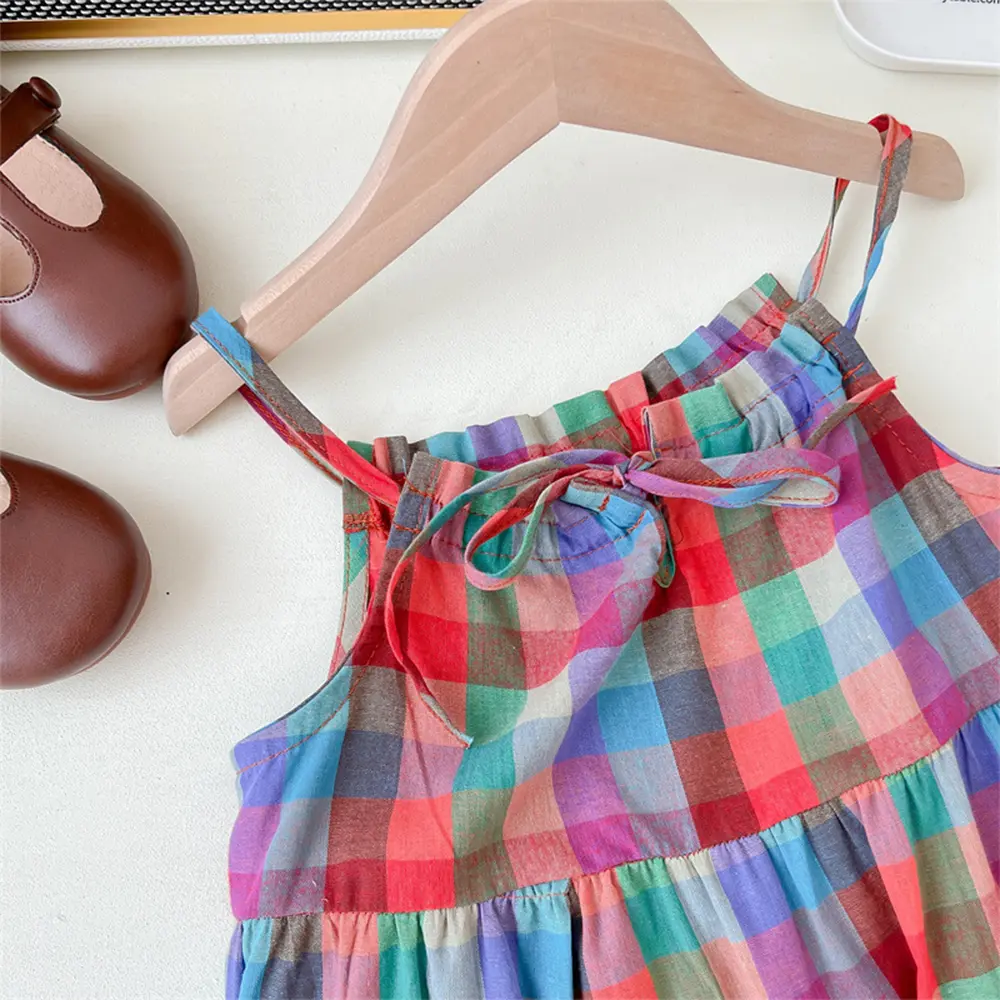 Bear Leader Girls' Set 2023 Summer New Casual Dress Colorful Plaid Strap Dress Sleeveless Princess Dress Girls' Fashion Dress
