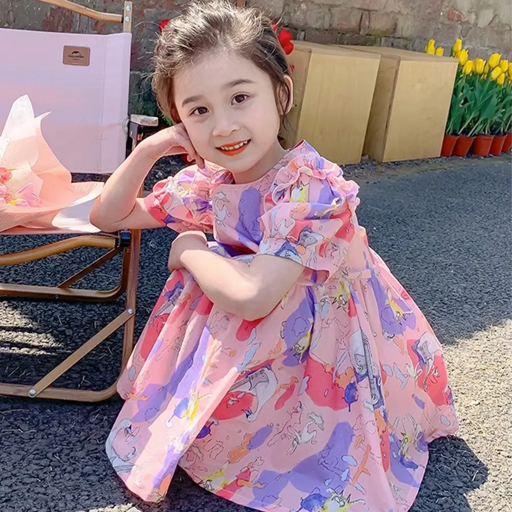 Bear Leader Girls Summer Pink Dress Cartoon Animal Print Bubble Sleeve Princess Dress 2-7 years old