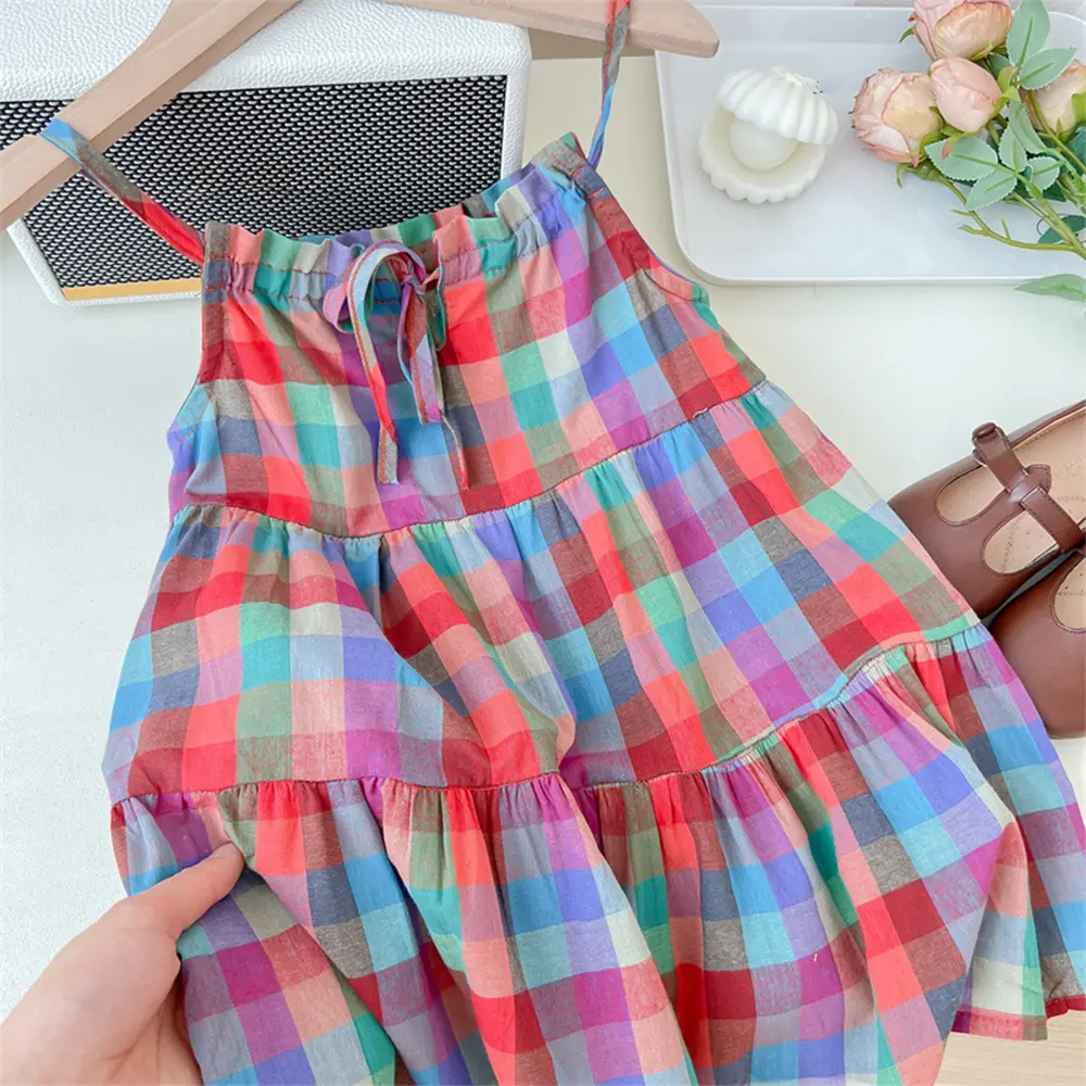 Bear Leader Girls' Set 2023 Summer New Casual Dress Colorful Plaid Strap Dress Sleeveless Princess Dress Girls' Fashion Dress