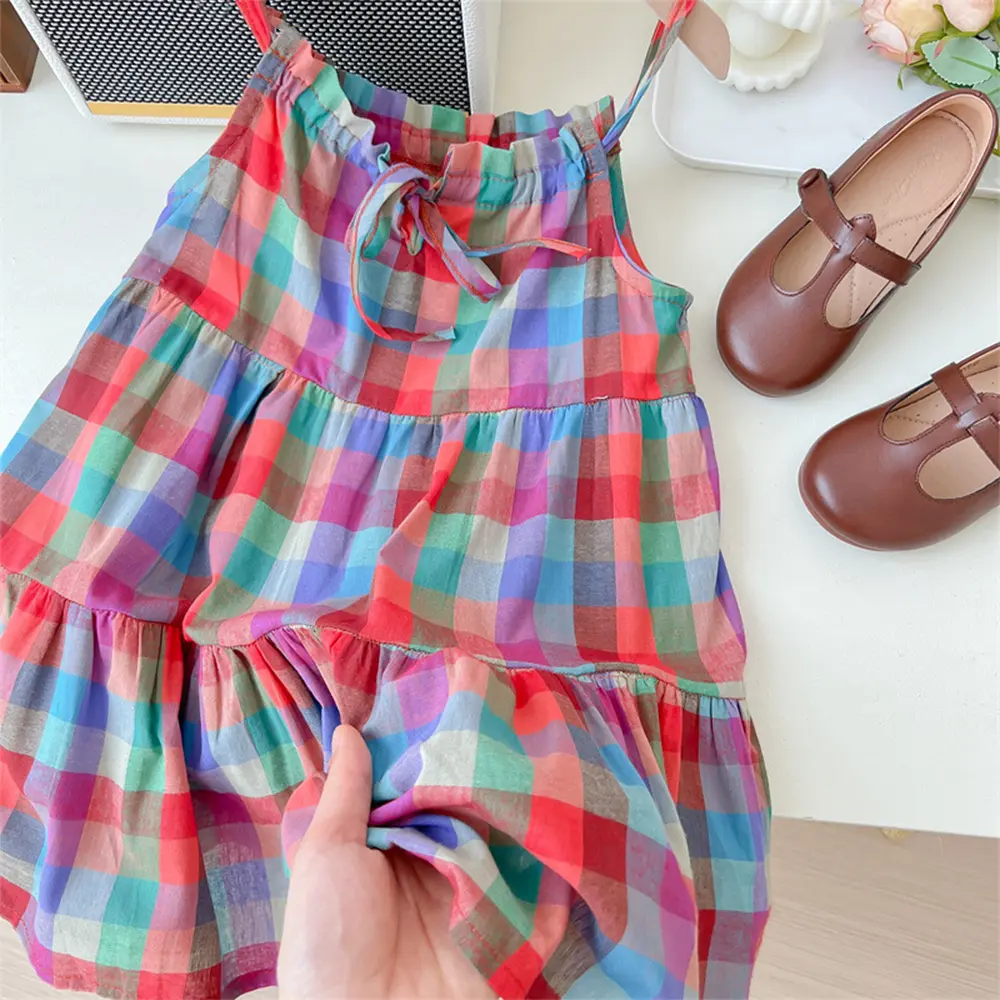 Bear Leader Girls' Set 2023 Summer New Casual Dress Colorful Plaid Strap Dress Sleeveless Princess Dress Girls' Fashion Dress