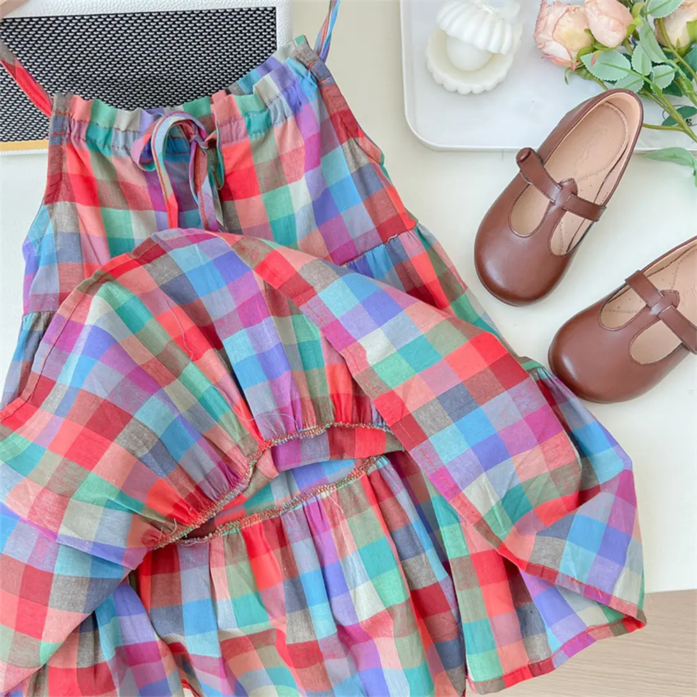 Bear Leader Girls' Set 2023 Summer New Casual Dress Colorful Plaid Strap Dress Sleeveless Princess Dress Girls' Fashion Dress