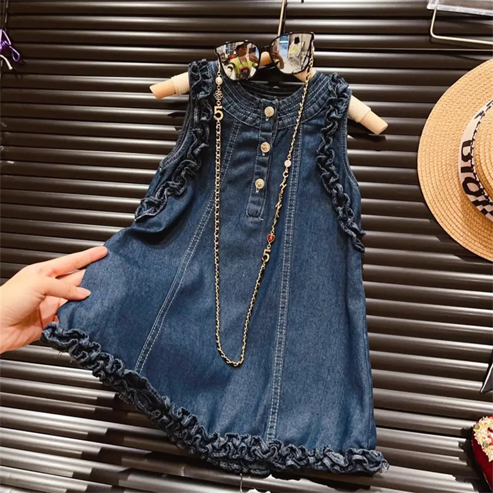 Bear Leader 2-7 Years Korean Style Girl's Sweet Dress 2024 New Summer Sleeveless Wood Ear Edge Solid Color Denim Dress