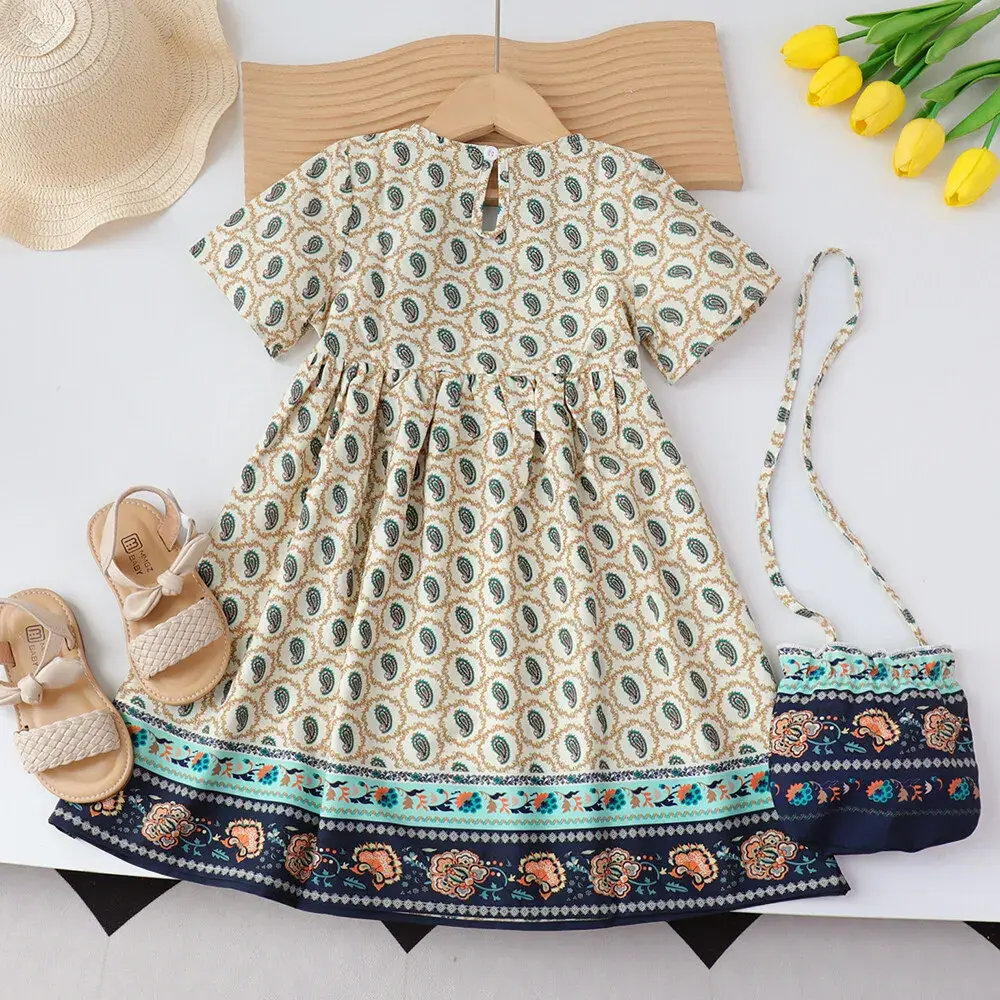Bear Leader Kids Dresses for Girls Summer Casual Short Sleeves Flower Print Dress Children's Clothes Girl Clothes+Bag