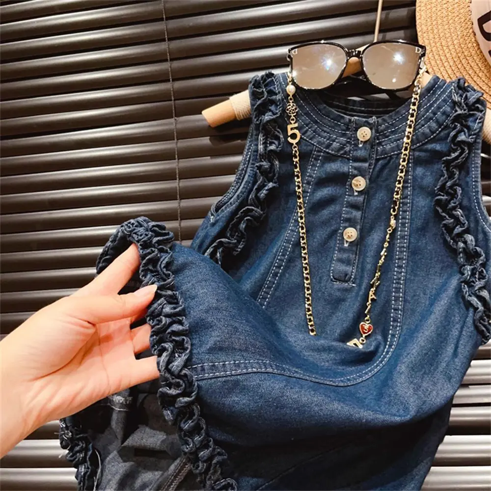 Bear Leader 2-7 Years Korean Style Girl's Sweet Dress 2024 New Summer Sleeveless Wood Ear Edge Solid Color Denim Dress