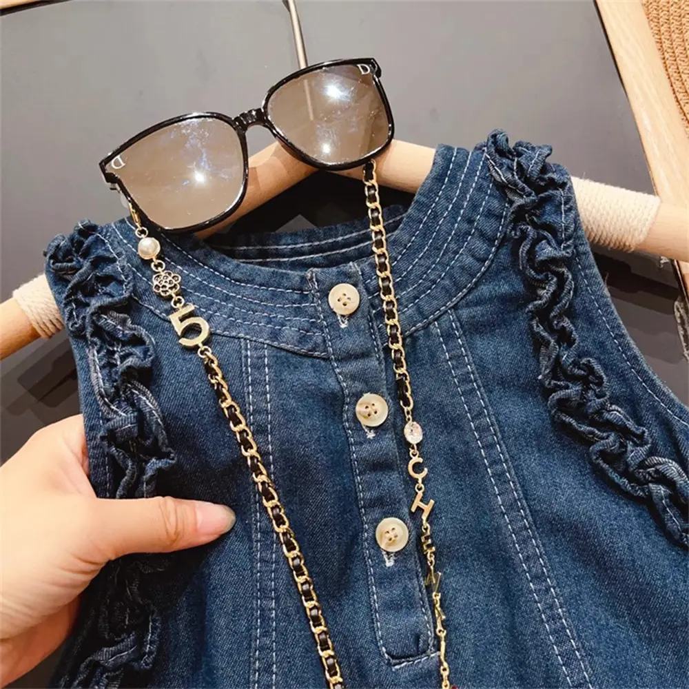 Bear Leader 2-7 Years Korean Style Girl's Sweet Dress 2024 New Summer Sleeveless Wood Ear Edge Solid Color Denim Dress