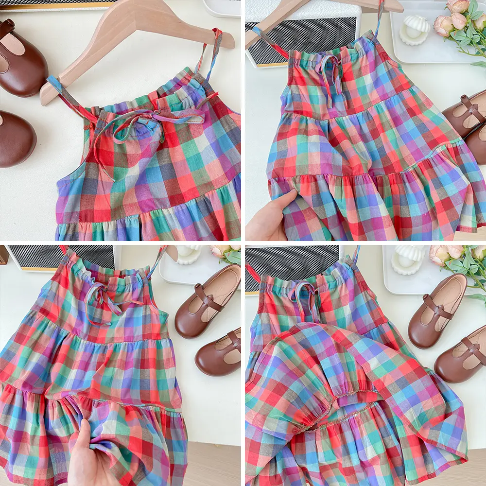 Bear Leader Girls' Set 2023 Summer New Casual Dress Colorful Plaid Strap Dress Sleeveless Princess Dress Girls' Fashion Dress