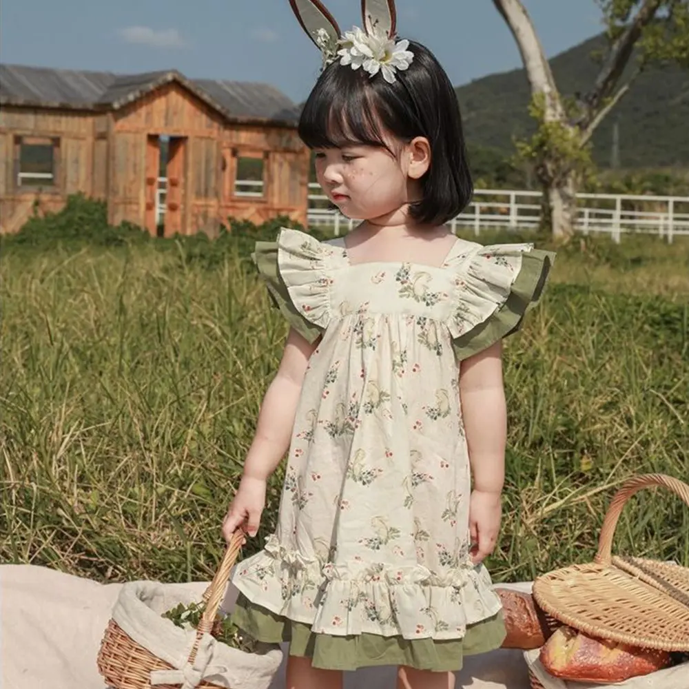 Bear Leader Girls' Dress 2023 Summer Latest Girls' Sweet Ear Hem Dress Bowknot Baby Retro Slim Skirt 2-7Y Girls' Clothing