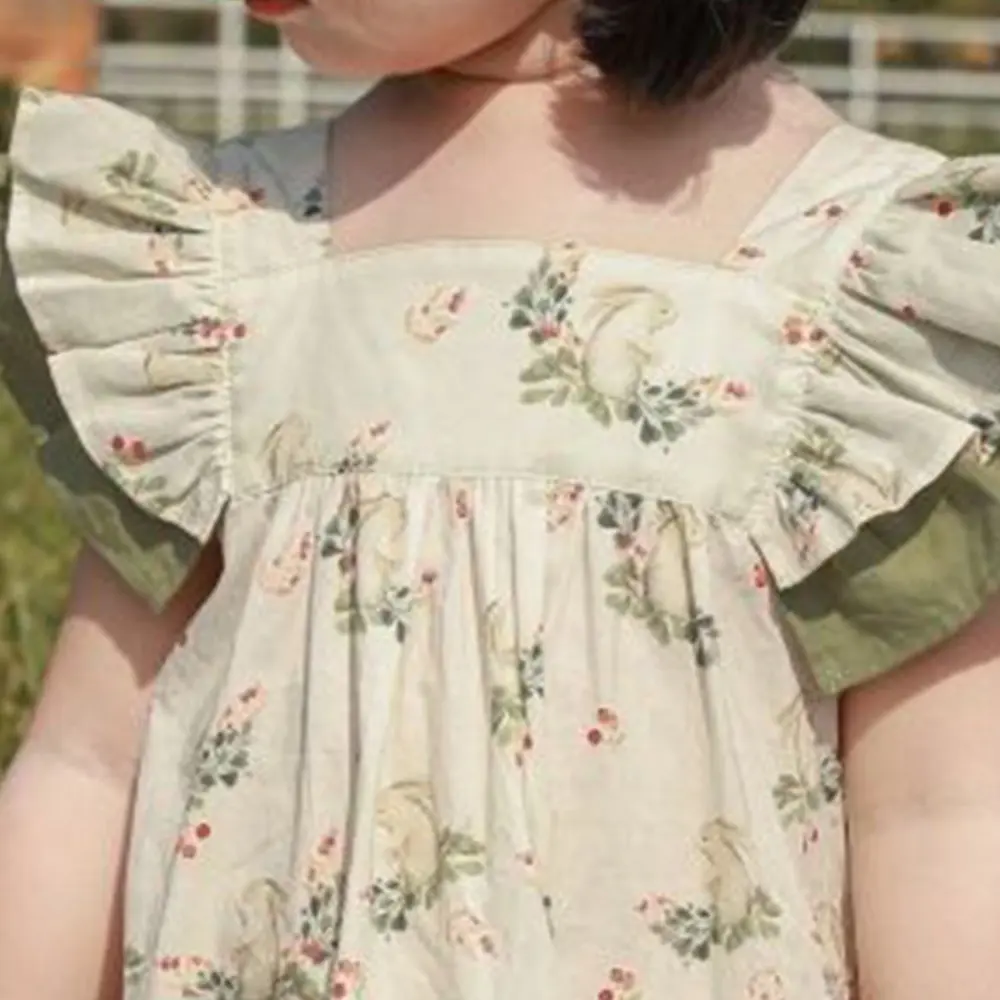 Bear Leader Girls' Dress 2023 Summer Latest Girls' Sweet Ear Hem Dress Bowknot Baby Retro Slim Skirt 2-7Y Girls' Clothing