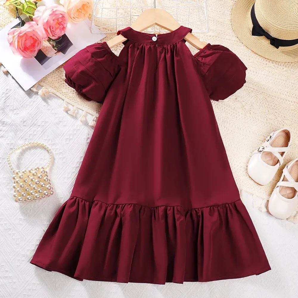 Bear Leader Chritsmas Princess Dress Girls Dresses Summer Hanging Neck Off Shoulder Bubble Sleeve Dress Solid Girls Clothes