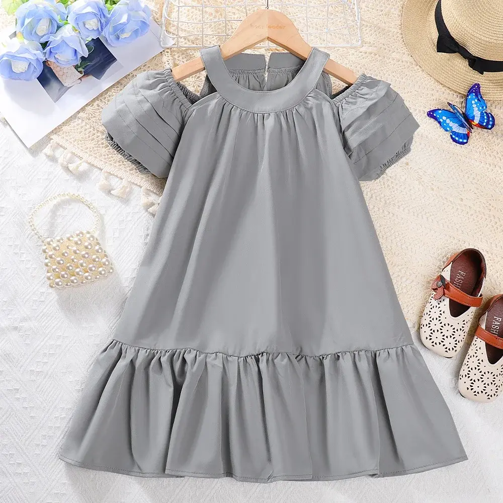 Bear Leader Chritsmas Princess Dress Girls Dresses Summer Hanging Neck Off Shoulder Bubble Sleeve Dress Solid Girls Clothes