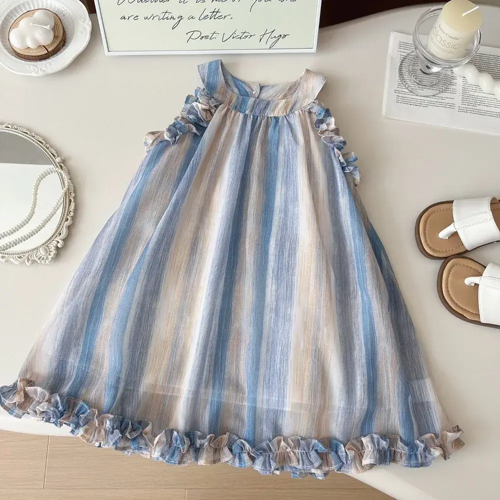 Bear Leader Summer Baby Girls Princess Dress Korean Version Sleeveless Ruffle Tie Dye Striped Printing Party Clothes 2-7 Years