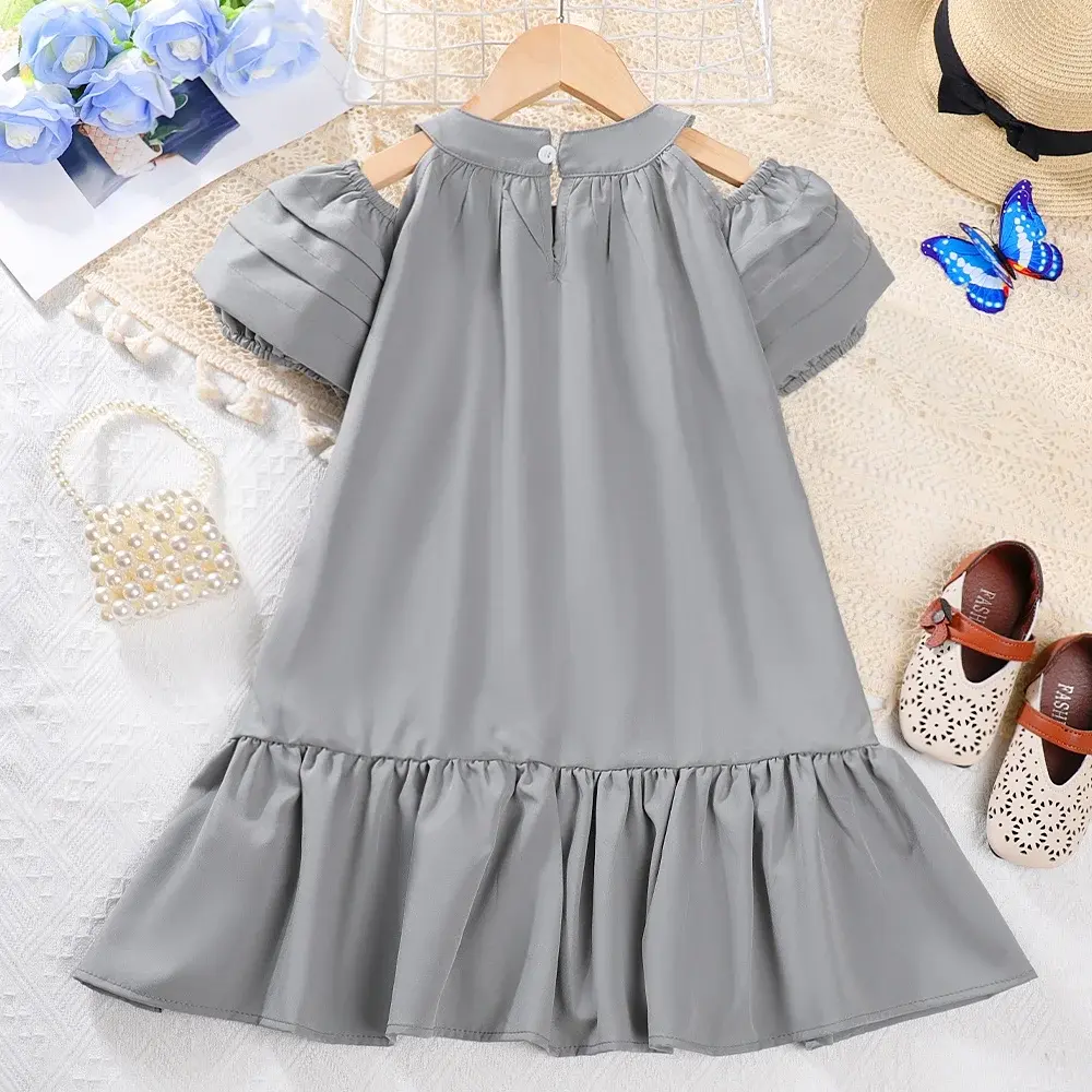 Bear Leader Chritsmas Princess Dress Girls Dresses Summer Hanging Neck Off Shoulder Bubble Sleeve Dress Solid Girls Clothes