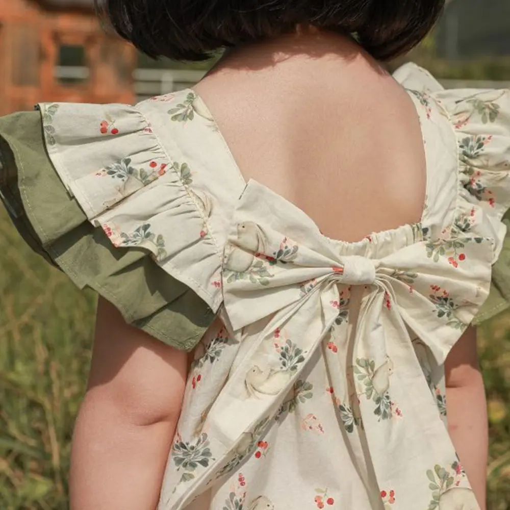 Bear Leader Girls' Dress 2023 Summer Latest Girls' Sweet Ear Hem Dress Bowknot Baby Retro Slim Skirt 2-7Y Girls' Clothing