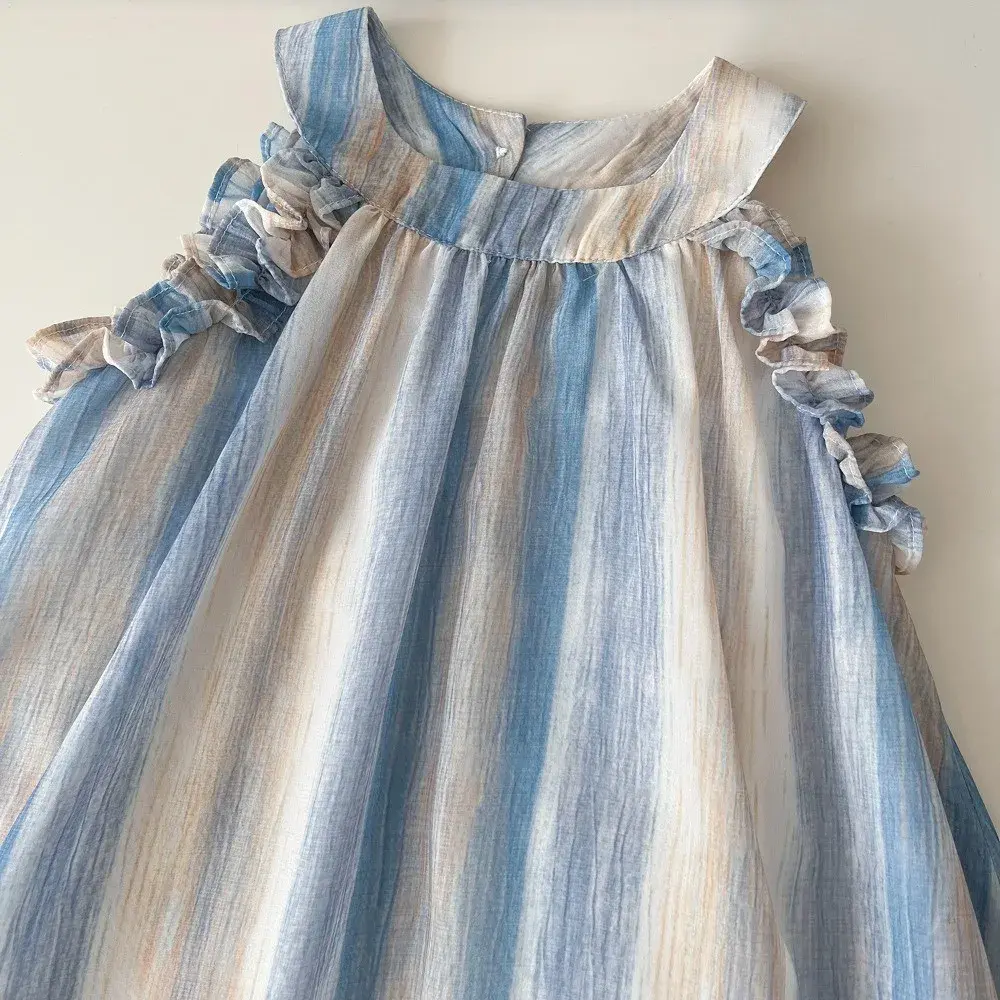 Bear Leader Summer Baby Girls Princess Dress Korean Version Sleeveless Ruffle Tie Dye Striped Printing Party Clothes 2-7 Years