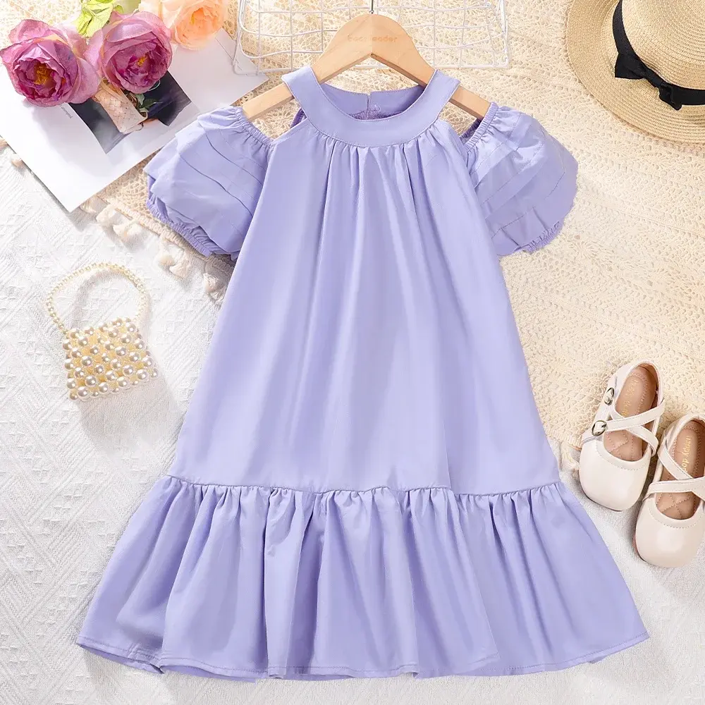 Bear Leader Chritsmas Princess Dress Girls Dresses Summer Hanging Neck Off Shoulder Bubble Sleeve Dress Solid Girls Clothes