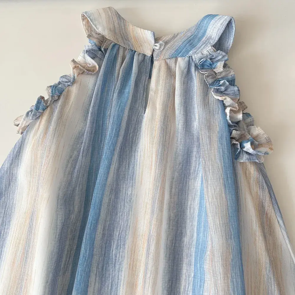 Bear Leader Summer Baby Girls Princess Dress Korean Version Sleeveless Ruffle Tie Dye Striped Printing Party Clothes 2-7 Years
