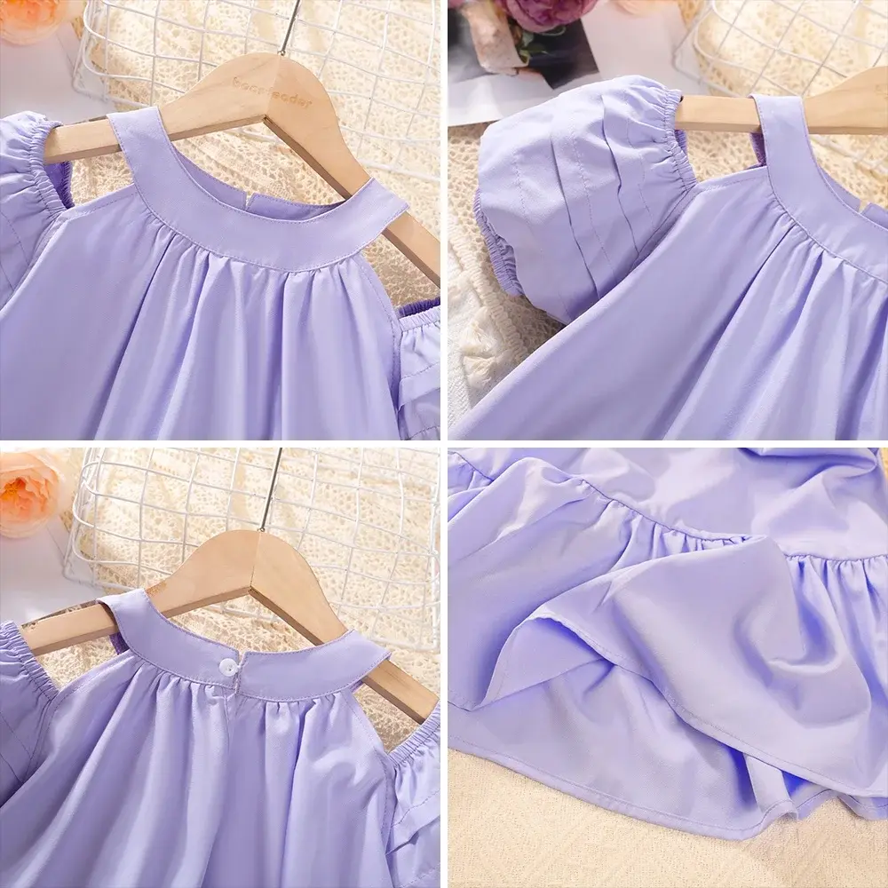 Bear Leader Chritsmas Princess Dress Girls Dresses Summer Hanging Neck Off Shoulder Bubble Sleeve Dress Solid Girls Clothes