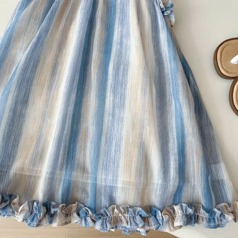 Bear Leader Summer Baby Girls Princess Dress Korean Version Sleeveless Ruffle Tie Dye Striped Printing Party Clothes 2-7 Years