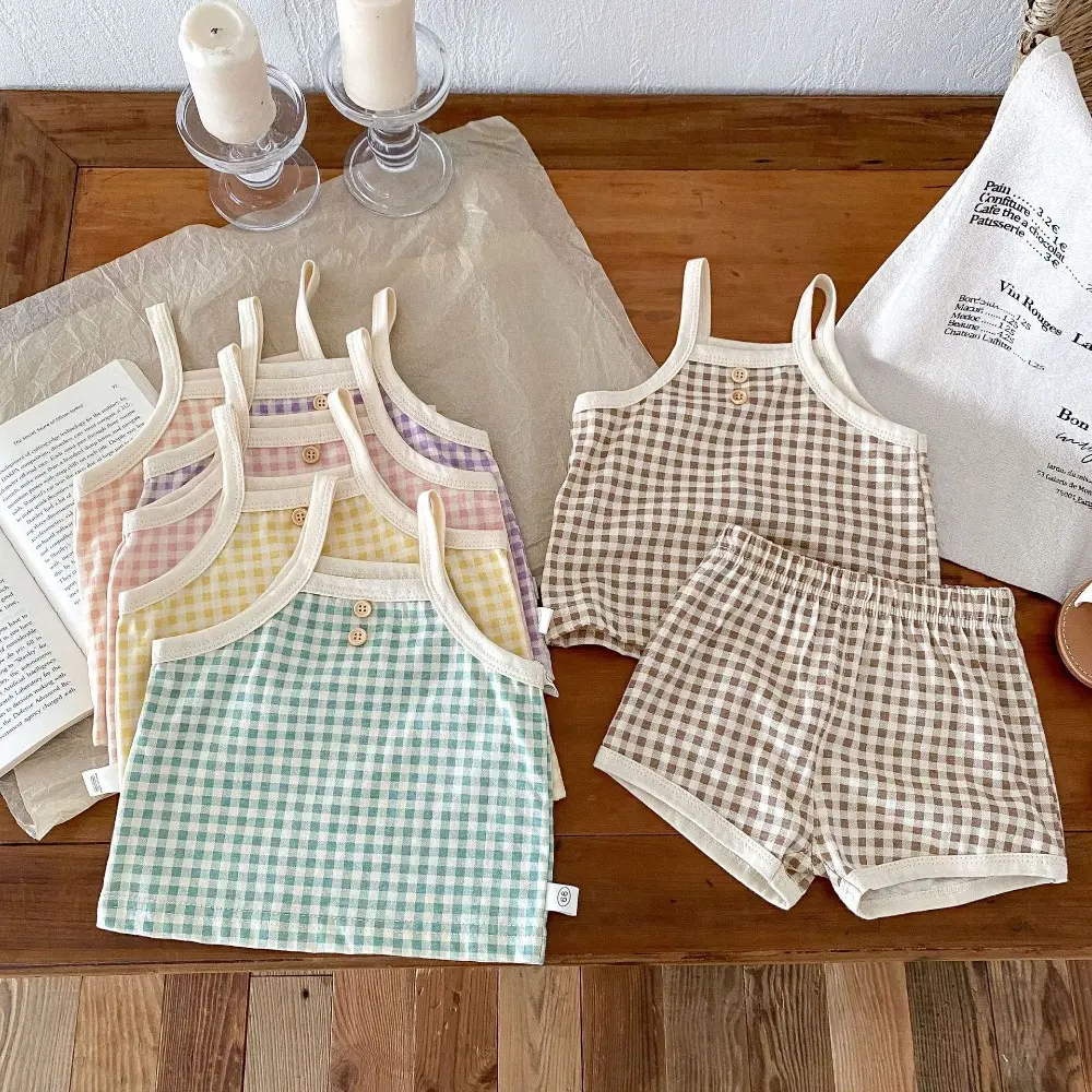 Bear Leader 0-3 Years Old Summer Children's Clothing for Baby Girls Fashionable Suspender Plaid Top+shorts Thin Two-piece Set
