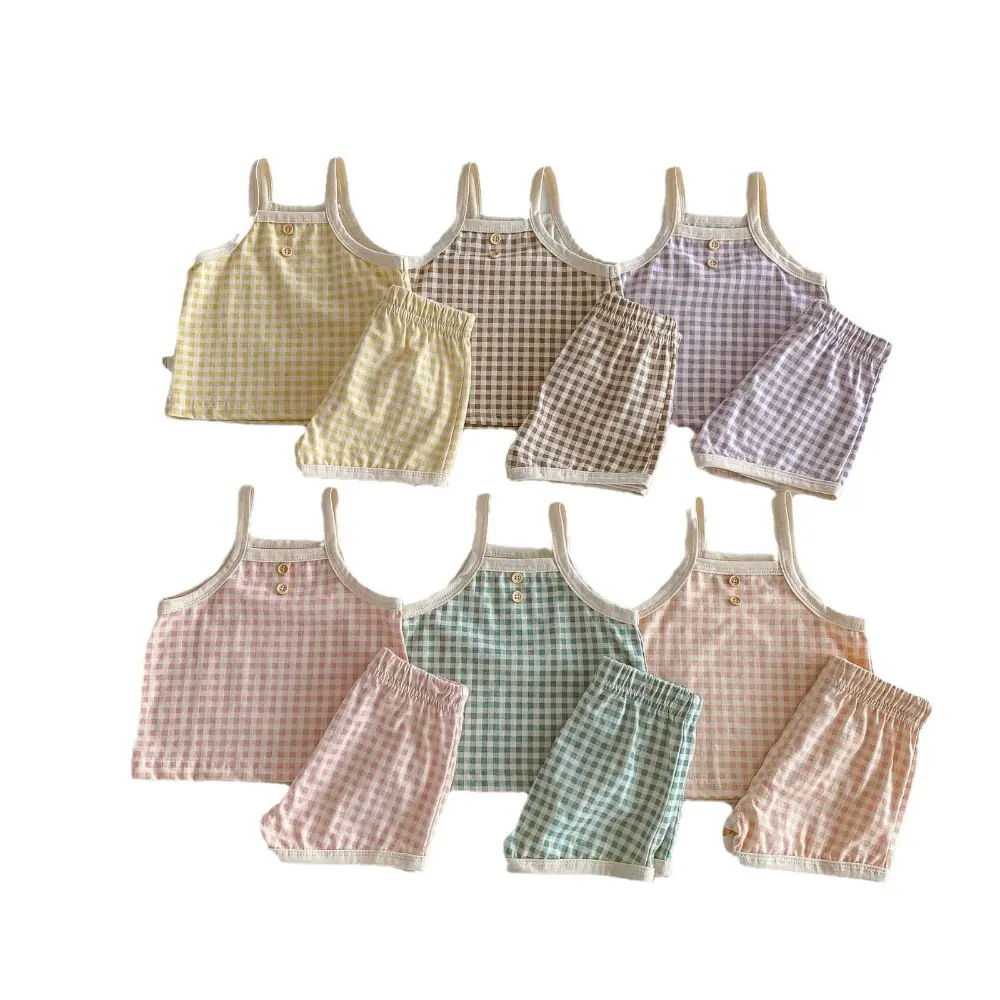 Bear Leader 0-3 Years Old Summer Children's Clothing for Baby Girls Fashionable Suspender Plaid Top+shorts Thin Two-piece Set